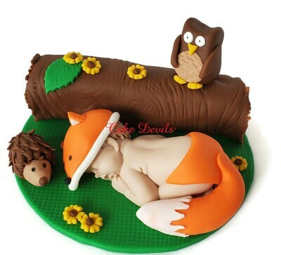 Woodland Creatures Fox Baby Shower Cake Topper with Fondant Owl, Porcupine