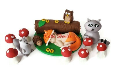 Woodland Animals with Fox Baby Shower Cake Toppers, Forest Creatures include: Fox, owl, Squirrel, Porcupine, Bear, Racoon