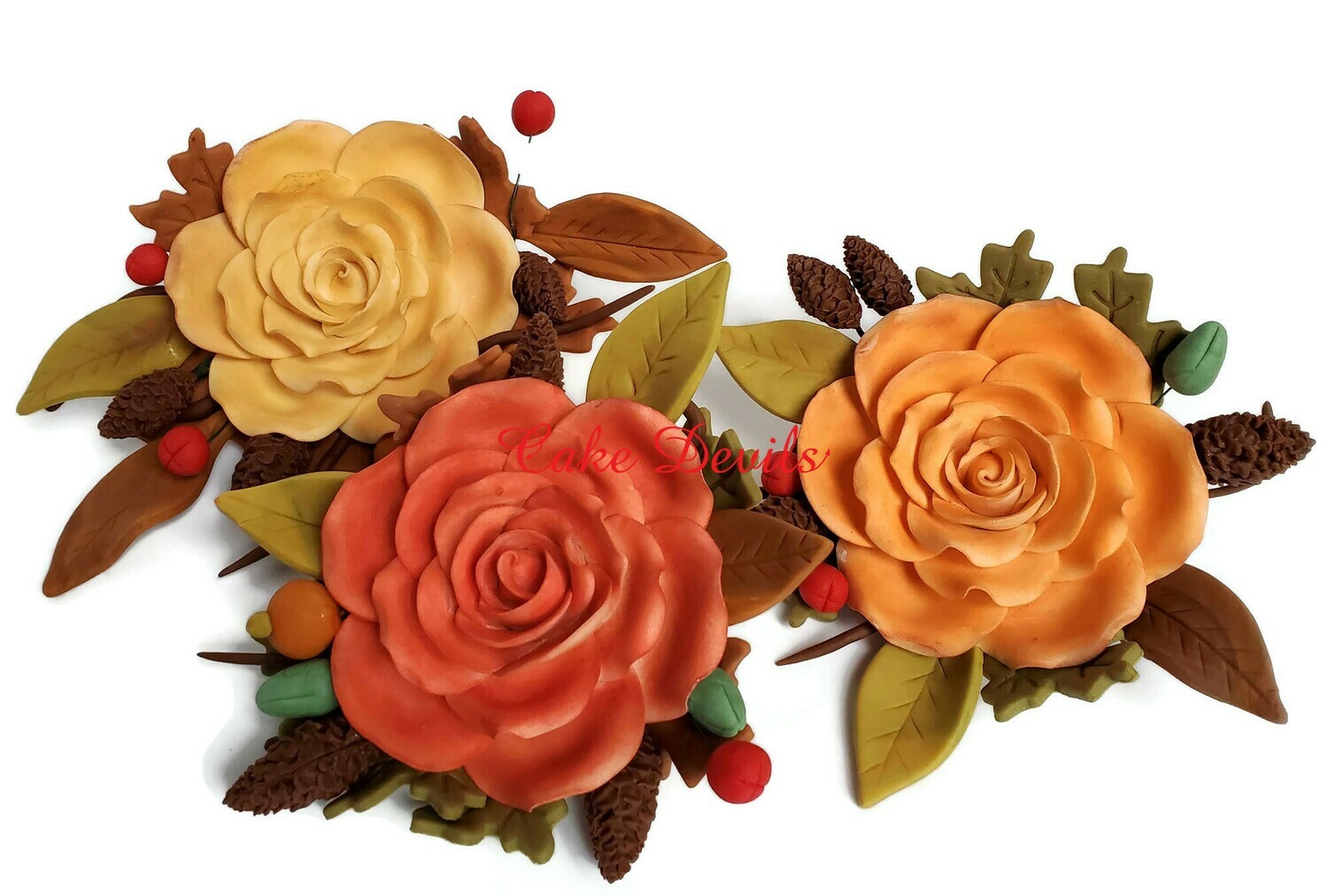 Fall Rose Spray Wedding Cake Toppers with fondant pine cones, leaves, and berries