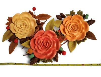 Fall Rose Spray Wedding Cake Toppers with fondant pine cones, leaves, and berries