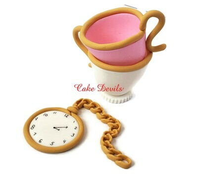 Alice in Wonderland Fondant Stacked Tea Cups and Pocket Watch Cake Toppers