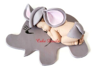Fondant Elephant Baby Shower Cake Topper, Sleeping Baby dressed as an Elephant