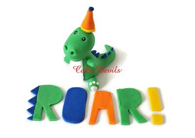 Fondant Dinosaur Cake Topper with birthday Part Hat and ROAR! letters