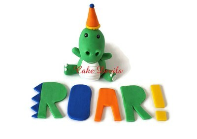 Fondant Dinosaur Cake Topper with birthday Part Hat and ROAR! letters