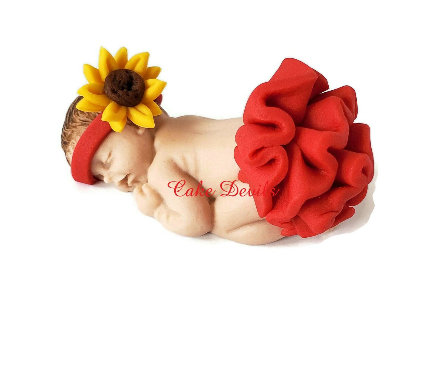 Fondant Baby Girl with big Ruffle skirt, Sunflower headband Baby Shower Cake Topper