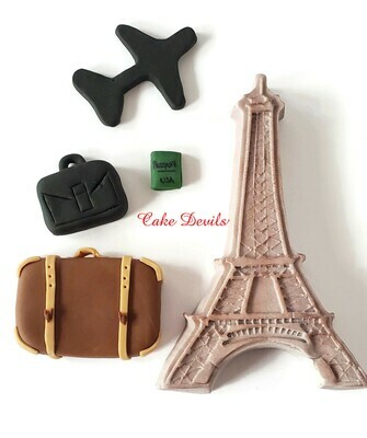 Fondant Travel Cake Toppers, Eiffel Tower, Suitcase, Passport, and Plane Cake Decorations