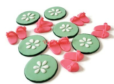 Fondant Spa themed Cupcake Toppers, Cucumber Slices and Spa Slippers Cake Toppers