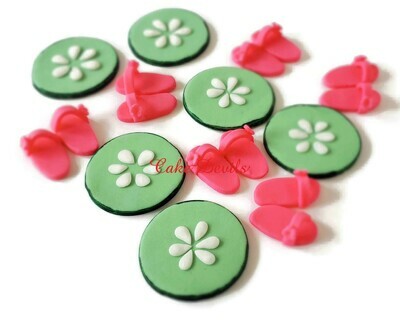 Fondant Spa themed Cupcake Toppers, Cucumber Slices and Spa Slippers Cake Toppers