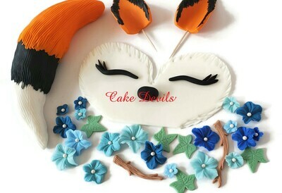 Fondant Fox Cake Topper Set, Fox Cake with Flowers