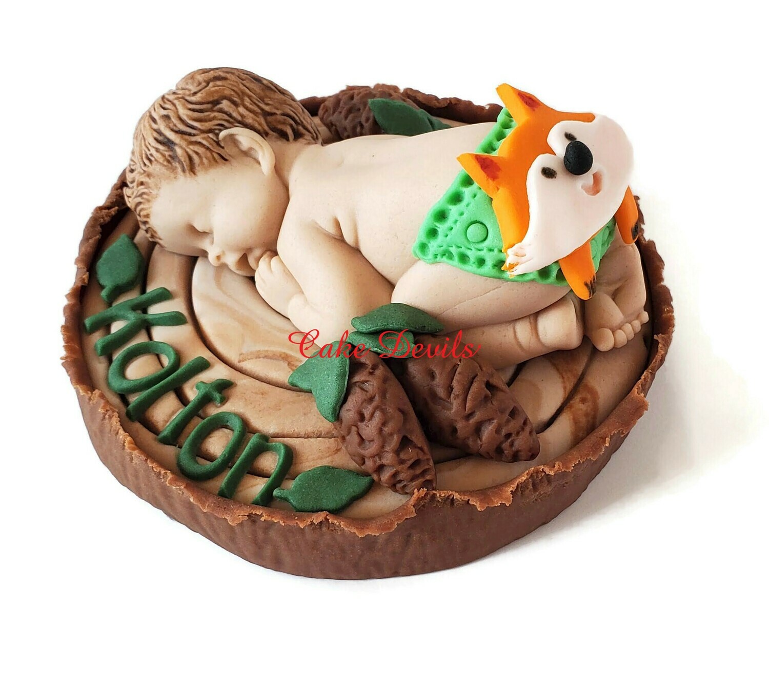 Fondant Baby with Fox on Diaper Baby Shower Cake Topper sleeping on a Tree Stump