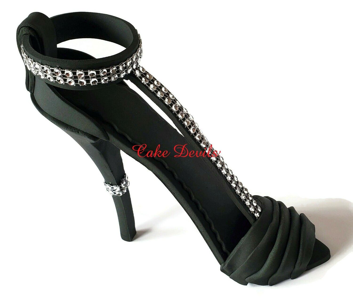 Strappy Fondant Bling High Heel Shoe Cake Topper with Pleats on Toe Strap, Stiletto with sparkle rhinestones