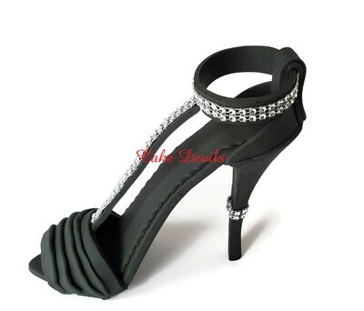 Strappy Fondant Bling High Heel Shoe Cake Topper with Pleats on Toe Strap, Stiletto with sparkle rhinestones