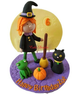 Fondant Little Girl Witch Halloween Cake Topper with Broom, Frog, Black Cat, Pumpkin, Spooky Tree, Moon, and Cobblestone Base