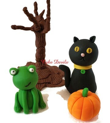 Fondant Little Girl Witch Halloween Cake Topper with Broom, Frog, Black Cat, Pumpkin, Spooky Tree, Moon, and Cobblestone Base