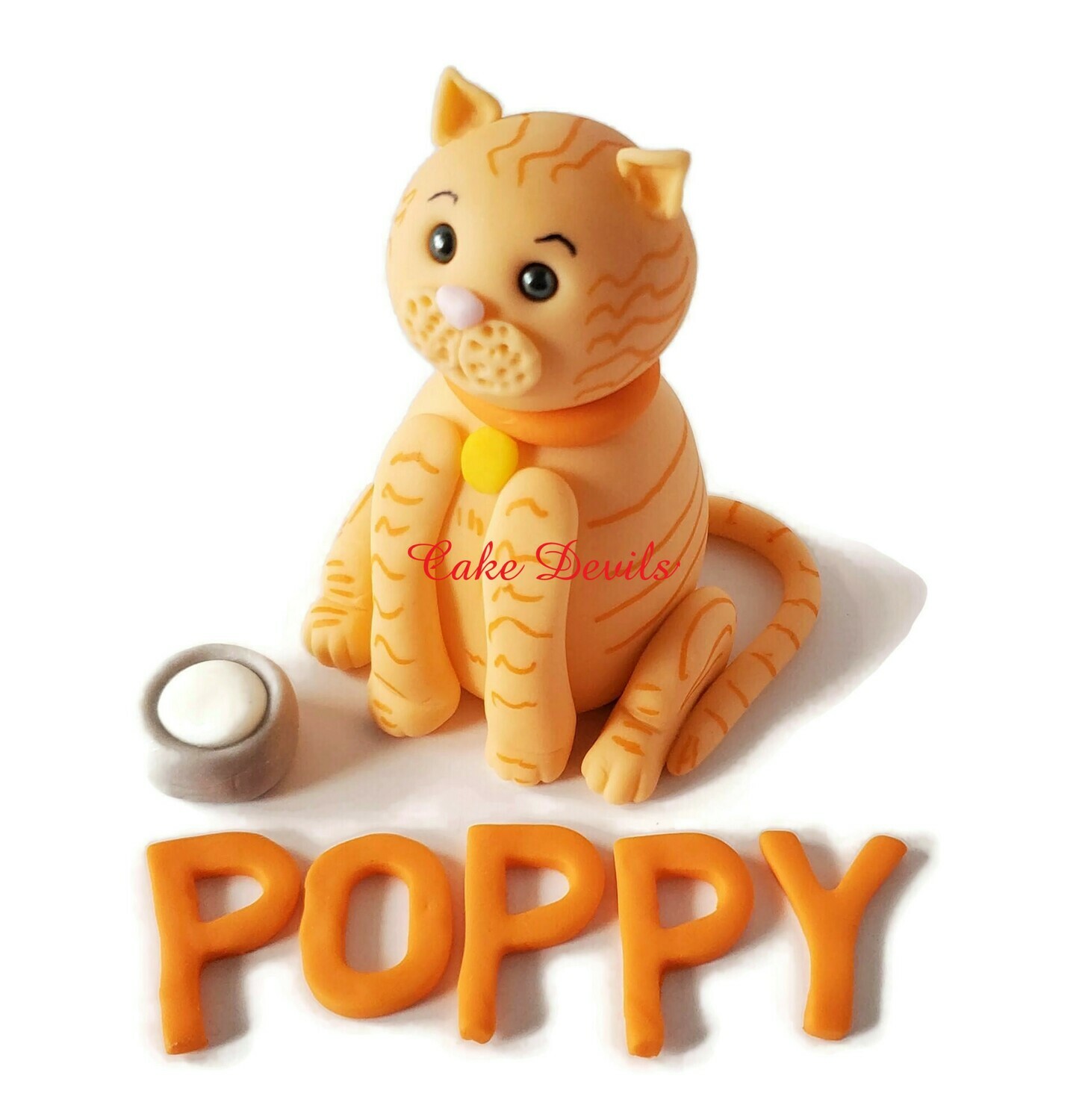 Fondant Orange Tabby Cat Cake Topper with Milk bowl and name