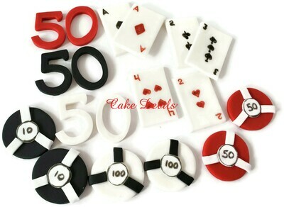 Fondant Casino Cupcake Toppers, playing cards, chips, age