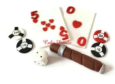 Fondant Casino Cake Toppers, Playing Cards, Poker Chips, Cigar, Dice