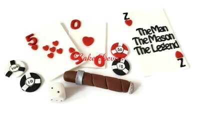 Fondant Casino Cake Toppers, Playing Cards, Poker Chips, Cigar, Dice