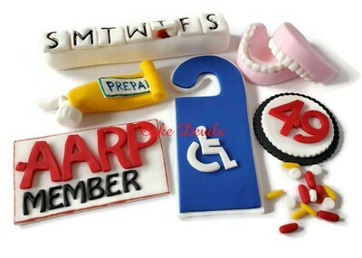 Over the Hill Cake Toppers, Fondant Cake Decoration including Dentures Cake Topper, Pill Case, Handicap Sign, Hemrroid Cream, pills
