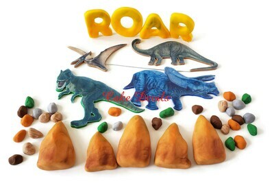 Fondant and Edible Image Dinosaur themed Cake Toppers, brontosaurus, triceratops, pterodactyl, and T-rex