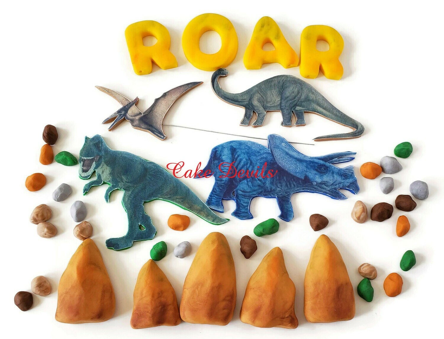 Fondant and Edible Image Dinosaur themed Cake Toppers, brontosaurus, triceratops, pterodactyl, and T-rex