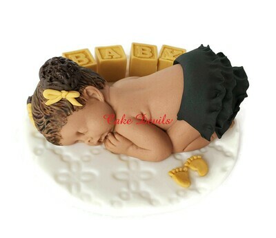 Fondant Baby Girl with Pigtail / Puff Hair Baby Shower Cake Topper, Fondant Baby Blocks and Feet, black and gold color theme shower!