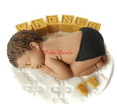 Fondant Baby Girl with Pigtail / Puff Hair Baby Shower Cake Topper, Fondant Baby Blocks and Feet, black and gold color theme shower!