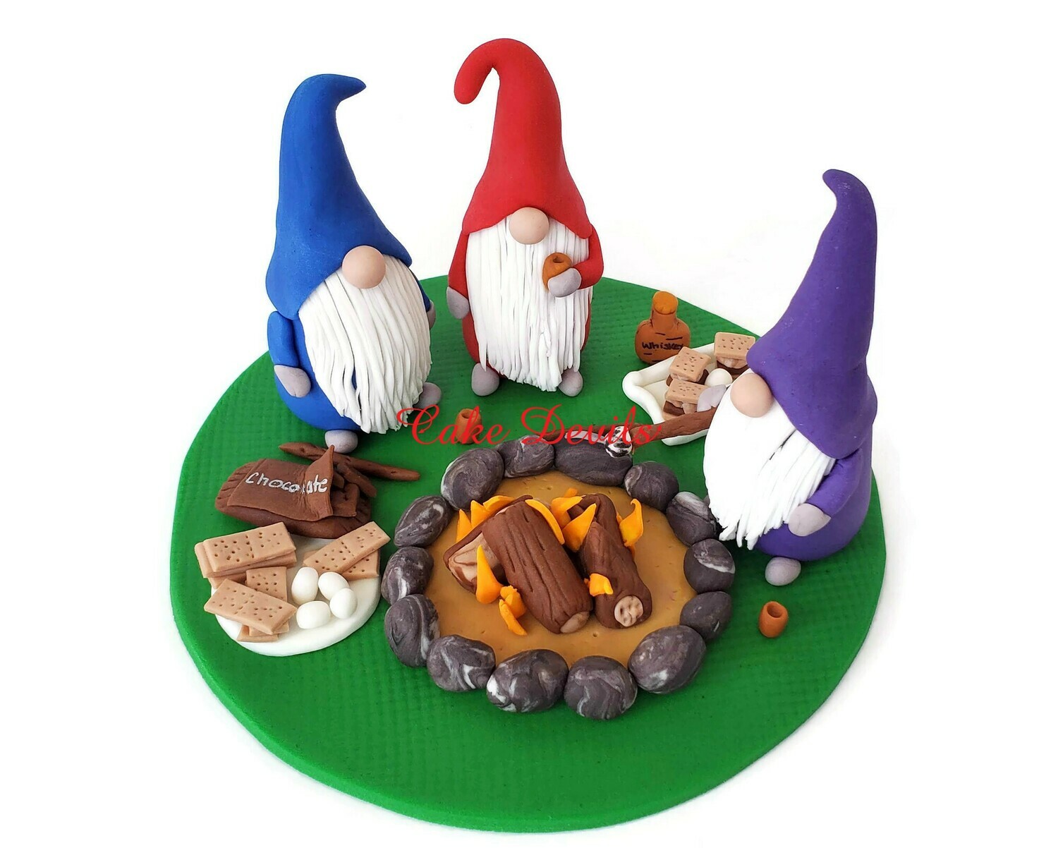 Fondant Gnomes Cake Topper, Gnomes around a Fire Pit making S'mores