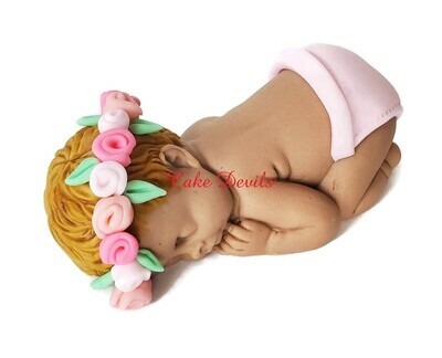 Baby girl with Flower Crown Headband Fondant Sleeping Baby Shower Cake Topper