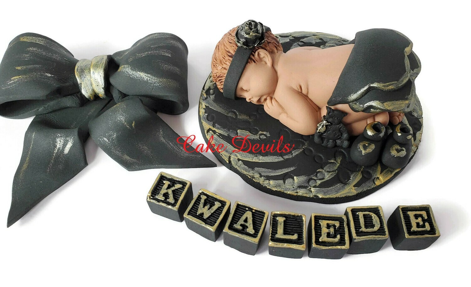 Black and Gold Baby Girl Fondant Baby shower cake topper with layered skirt and optional matching bow!