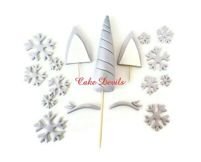 Winter Unicorn Horn, Ears, and Eye lashes Cake Toppers, Snow Unicorn Cake Kit