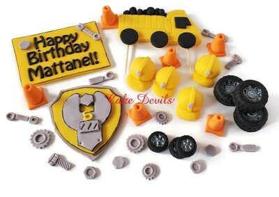 Fondant Construction Cake Toppers, Dump Truck, Hard Hats, Cones, Tires, Wrench