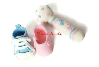 Gender Reveal Cake Toppers, Baby Rattle, Sneakers or ballet shoes Cake Decorations
