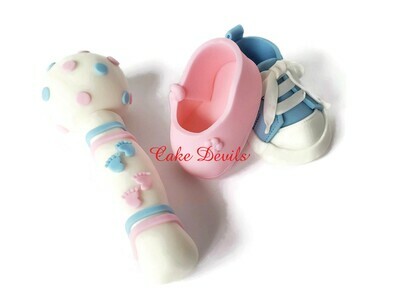 Gender Reveal Cake Toppers, Baby Rattle, Sneakers or ballet shoes Cake Decorations
