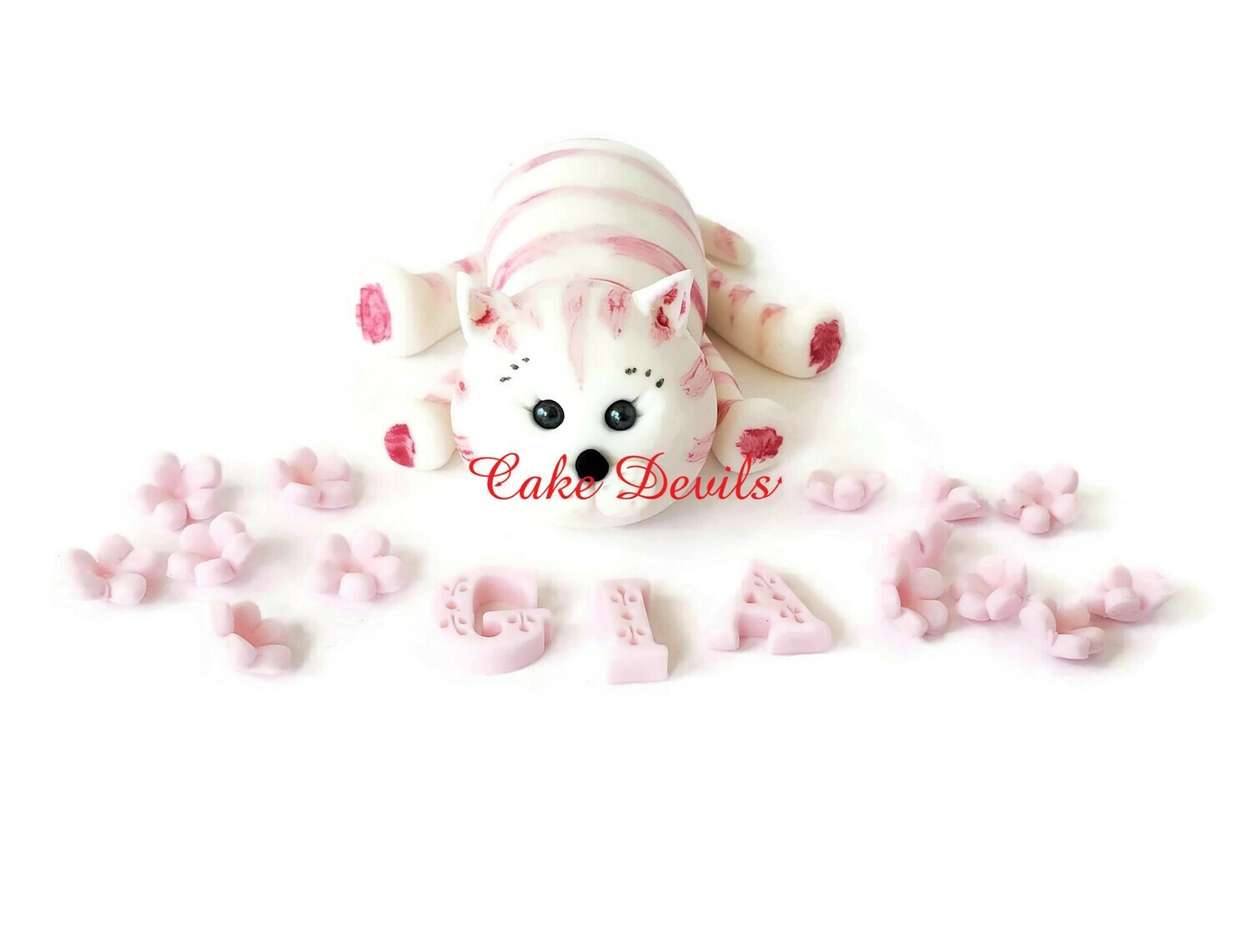 Fondant Cat Cake Topper with Flowers and name, Pink Cat