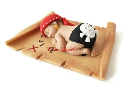 Fondant Pirate Baby Shower Cake Topper with Treasure Map, great for Jolly Roger, Buccaneer, or Ahoy Matey theme!