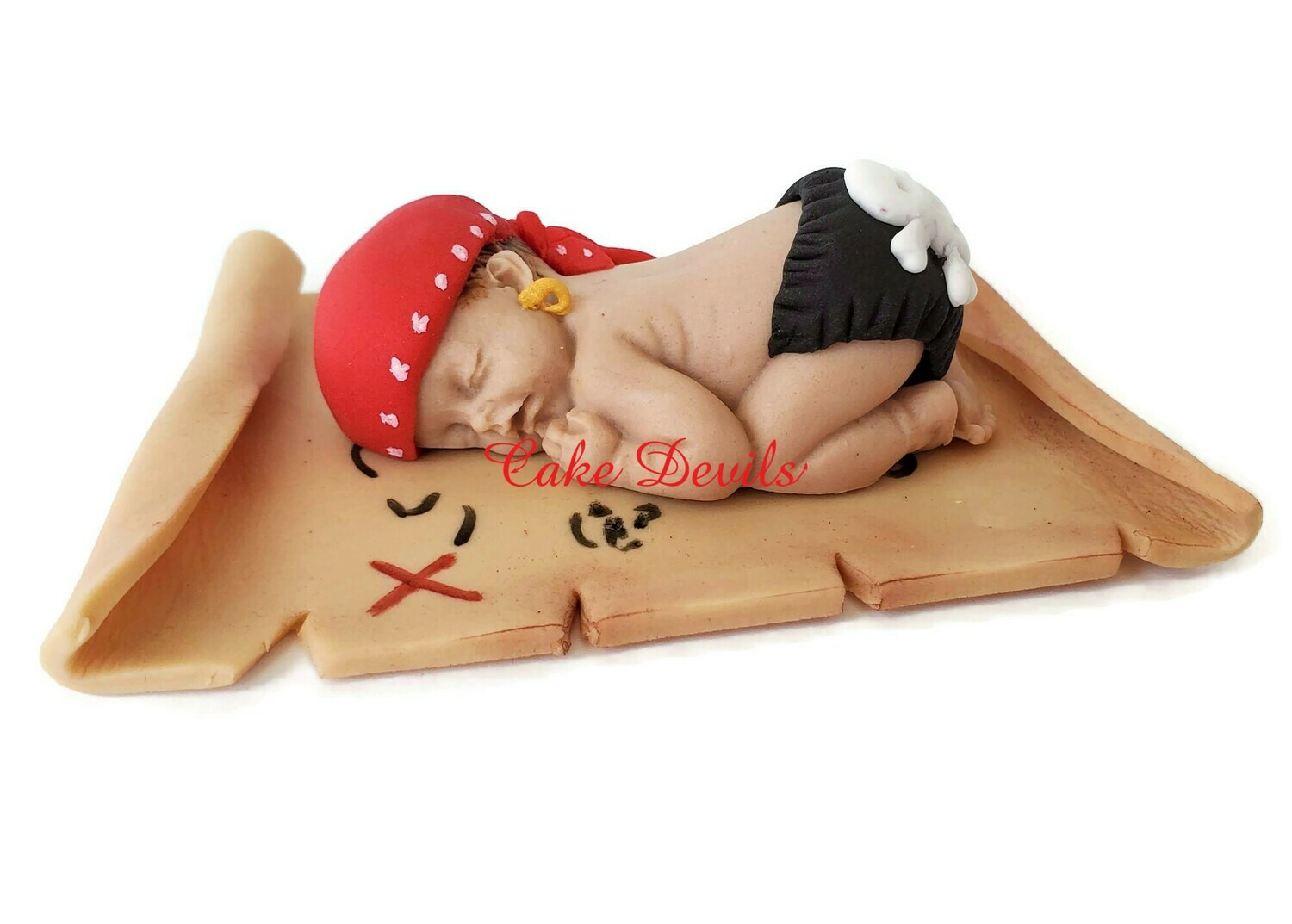Fondant Pirate Baby Shower Cake Topper with Treasure Map, great for Jolly Roger, Buccaneer, or Ahoy Matey theme!
