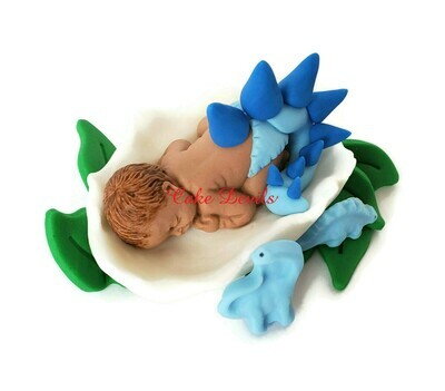 Dinosaur Baby Sleeping in Eggshell Baby Shower Fondant Cake Topper