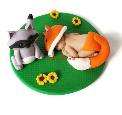 Fox Baby and Raccoon Woodland Creatures Fondant Baby Shower Cake Topper