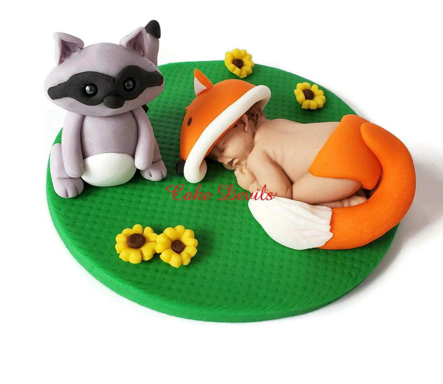 Fox Baby and Raccoon Woodland Creatures Fondant Baby Shower Cake Topper