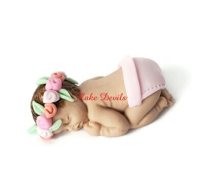 Baby girl with Flower Crown Headband Fondant Sleeping Baby Shower Cake Topper