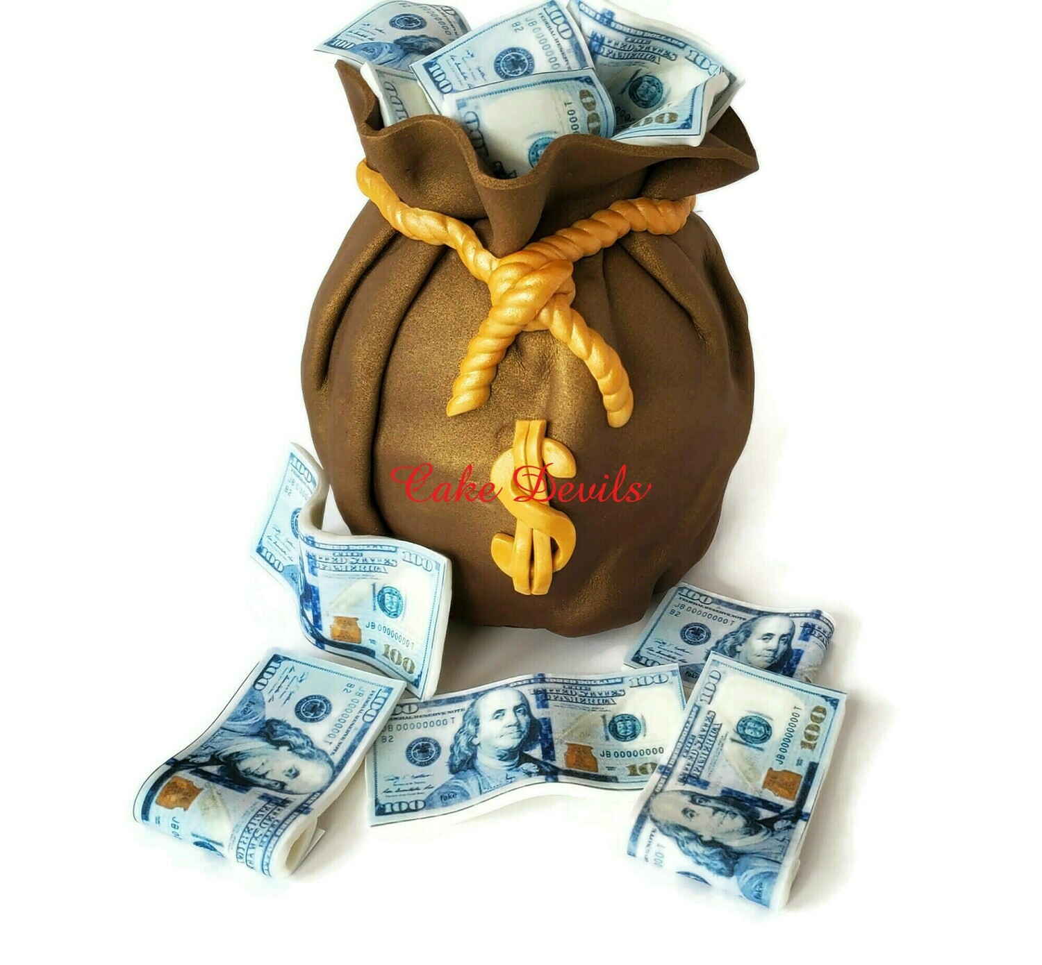 Fondant Money Bag and Edible Money $100 Bills Cake Toppers