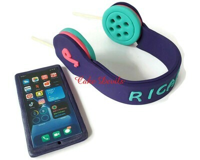 Fondant Headphones Cake Topper with Optional Name and Cell Phone, Perfect for your music lover, video watcher, or gamer