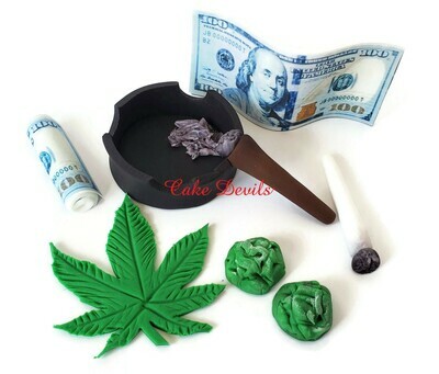 Fondant Rolled Blunt, Weed, and Edible Money Cake Toppers (Made of sugar, not real Marijuana or money)