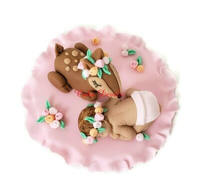 Baby Girl with Flower Crown and Floral Deer Woodland Creatures Fondant Baby Shower Cake Topper