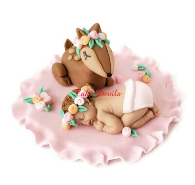 Baby Girl with Flower Crown and Floral Deer Woodland Creatures Fondant Baby Shower Cake Topper