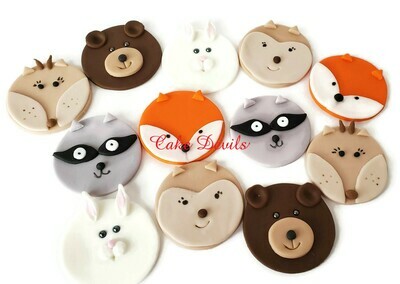 Woodland Animal Face Cupcake Toppers, Fondant Deer, Fox, Bunny Rabbit, Bear, Raccoon, Chipmunk