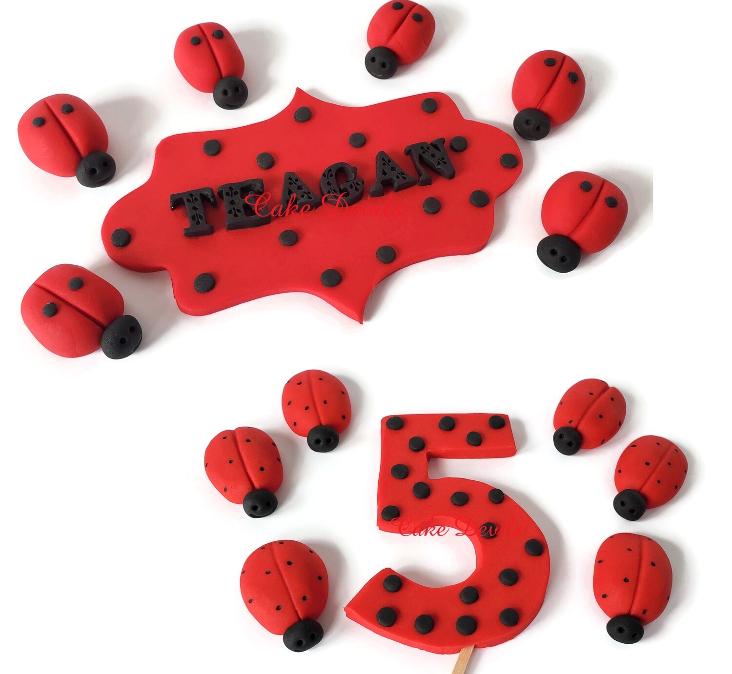 Fondant Ladybug Cake Topper Kit with personalized name plaque and age