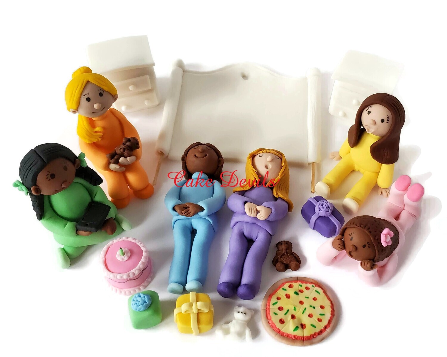 Fondant Slumber Party, Sleepover, Pajama Party Cake Toppers - Fondant Girls, food, and bed pieces