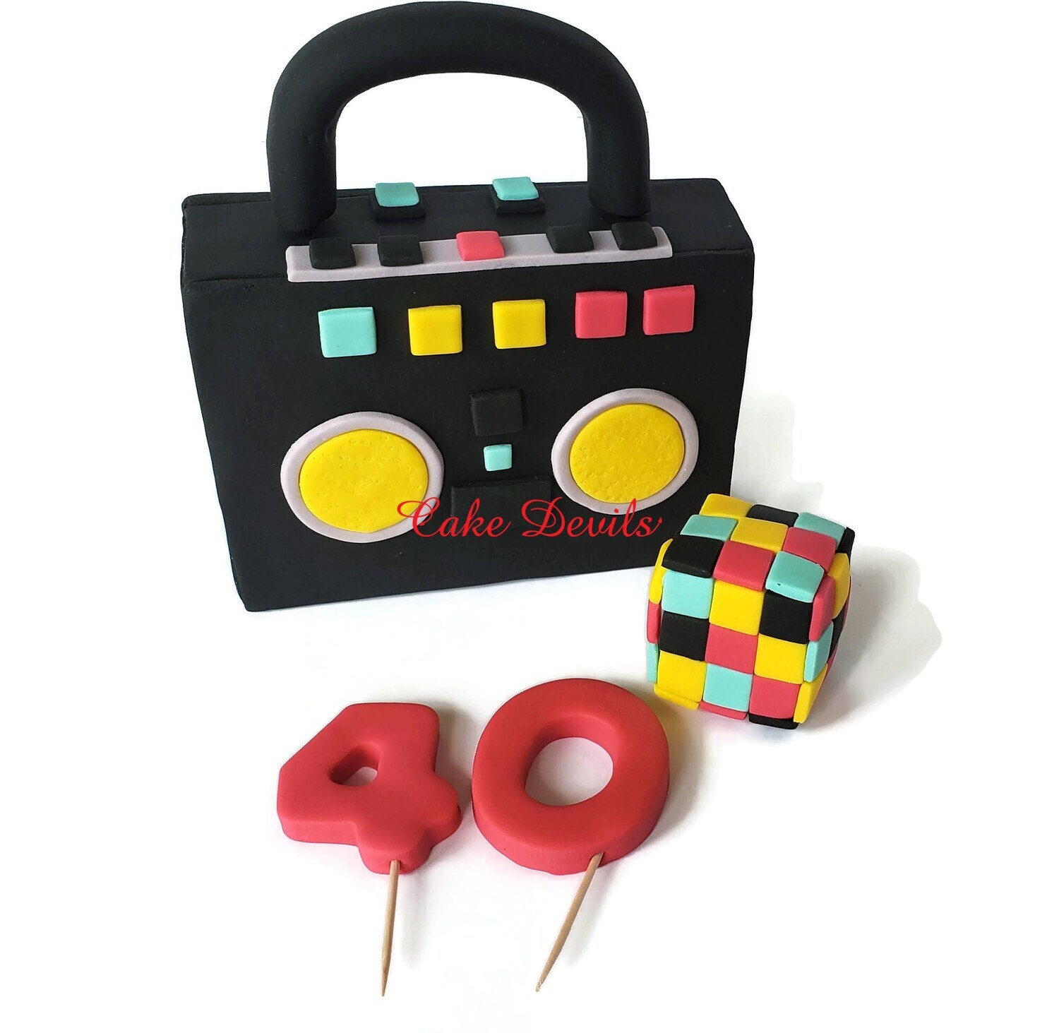 Fondant 80's 90's Music Theme Cake Toppers including Boombox, Cube and Age